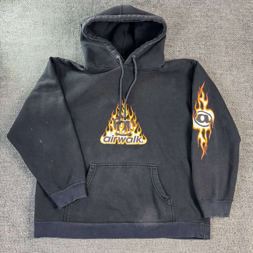 Airwalk Pullover Hoodie Mens Small Black Flame Graphic Y2K Skater Skateboard